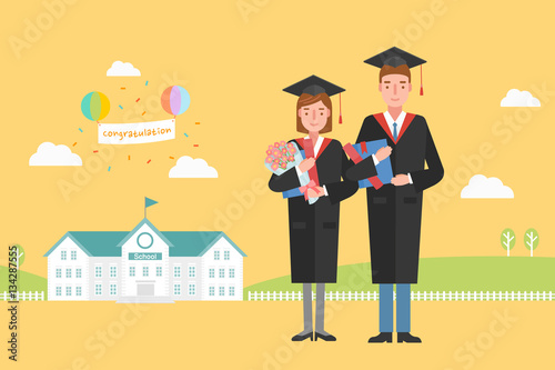 Graduation ceremony of  Female student with male student. 