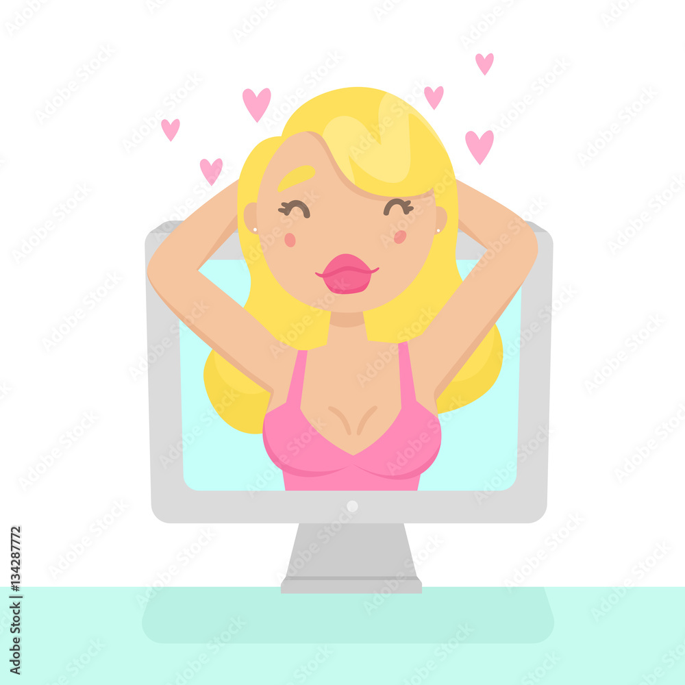 Pretty girl out of computer. Virtual reality. Vector hand drawn illustration. Pretty girl out of computer. Virtual reality. Vector hand drawn illustration.