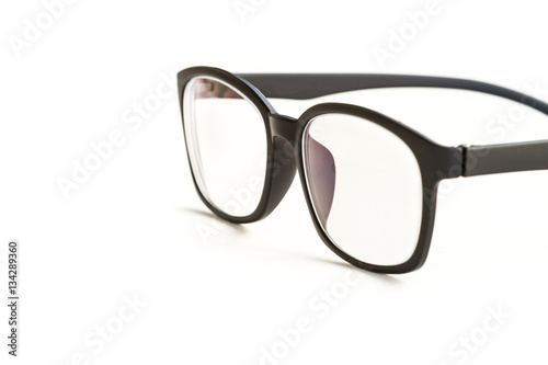 Close up of Black eyeglasses on white background