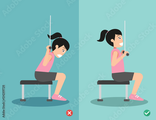 Woman wrong and right lat pulldown posture,vector illustration