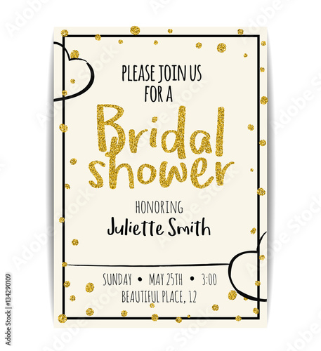 Bridal shower invitation with gold glitter text and dots