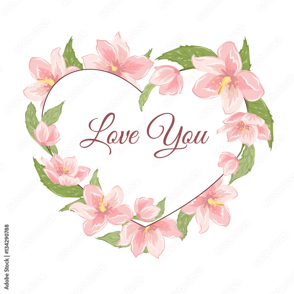 Naklejka premium Heart shape floral wreath garland foliage with pink rose magnolia sakura hellebore flowers. Love you text placeholder. Valentine Day greeting card template. Vector design illustration.