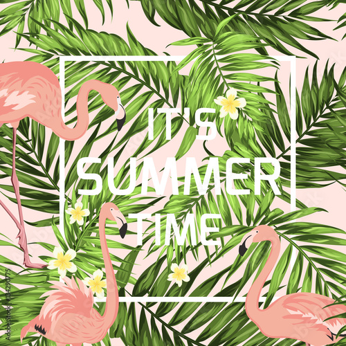Summer time sale banner frame on seamless background of exotic pink flamingo birds, bright green tropical palm tree leaves and plumeria flowers. Vector design illustration.