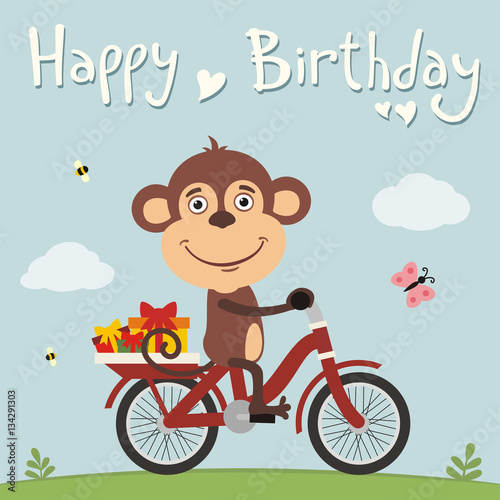 Happy birthday! Funny monkey on bike with gifts. Birthday card with cute monkey in cartoon style.