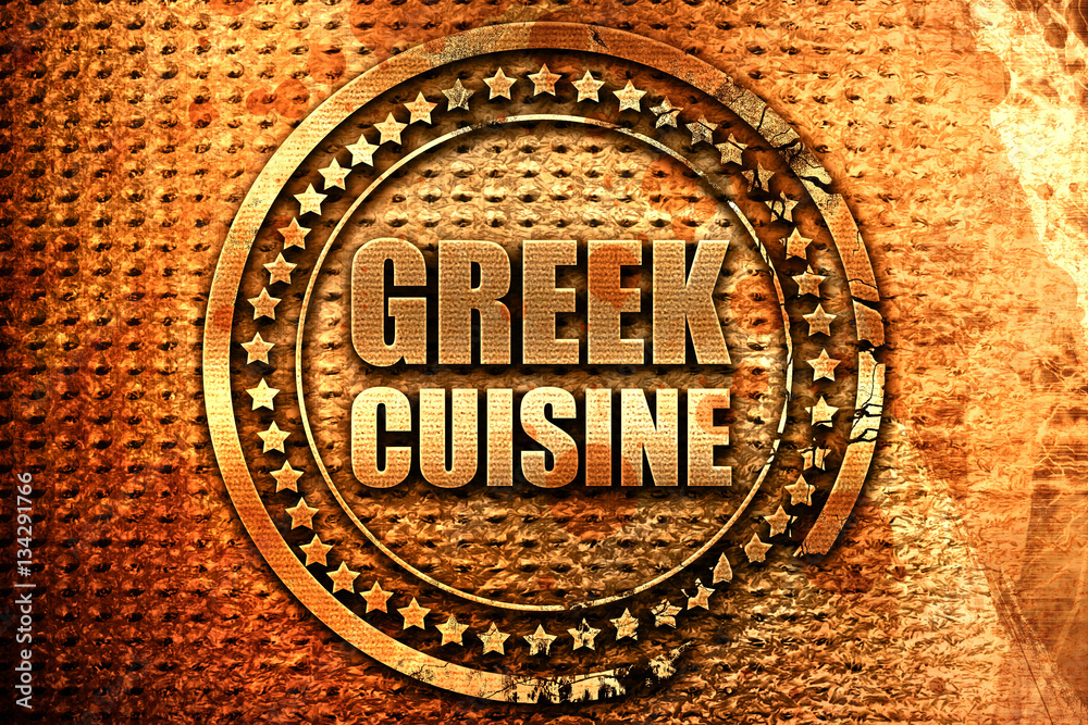 greek cuisine, 3D rendering, grunge metal stamp