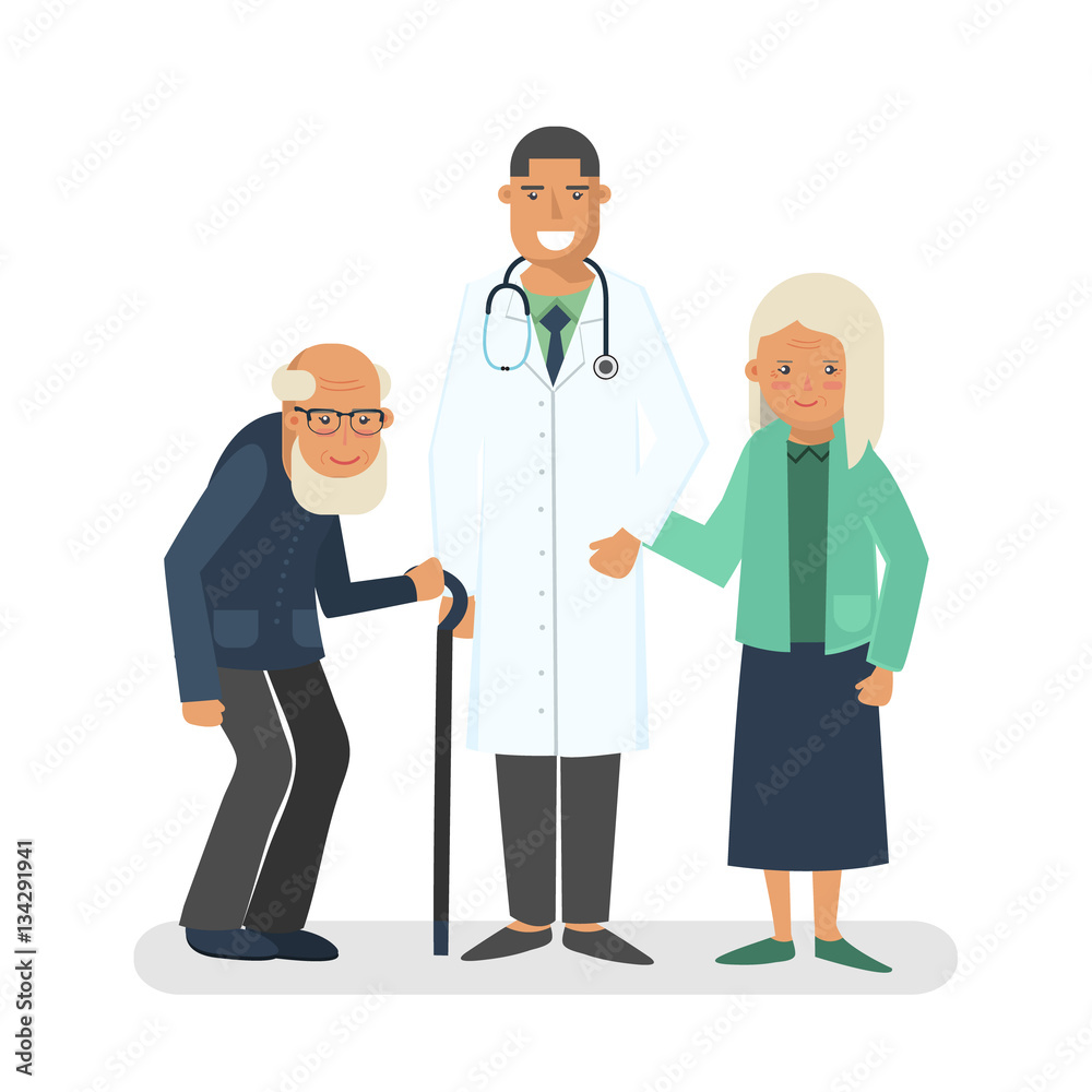 Pensioners with doctor vector illustration. Old man and lady with doctor. Care for the elderly concept illustration. Pensioners with doctor vector illustration. Old man and lady with doctor. Care for the elderly concept illustration.
