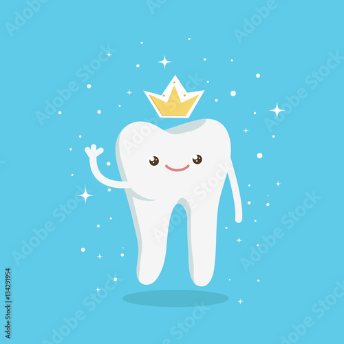 Tooth in crown. Clean and shiny tooth king. Dental vector illustration. Happy tooth illustration for stomatology clinic and advertisement.