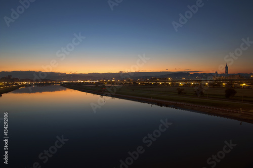 Keelung River and Taipei skyline at dawn viewed from Dazhi Bridge