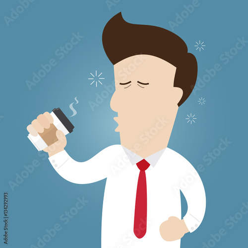 sleepy businessman hold paper cup of coffee on blue background.