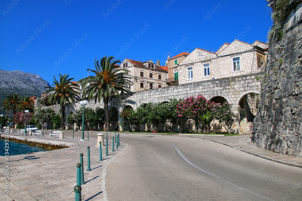 Road around Korcula old town walls, Croatia
