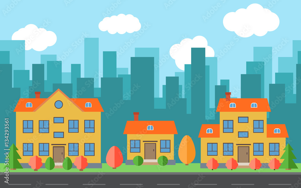 Vector city with cartoon houses and buildings. City space with road on flat style background concept. Summer urban landscape. Street view with cityscape on a background
