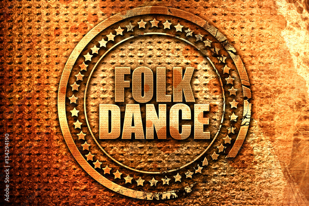 folk dance, 3D rendering, grunge metal stamp