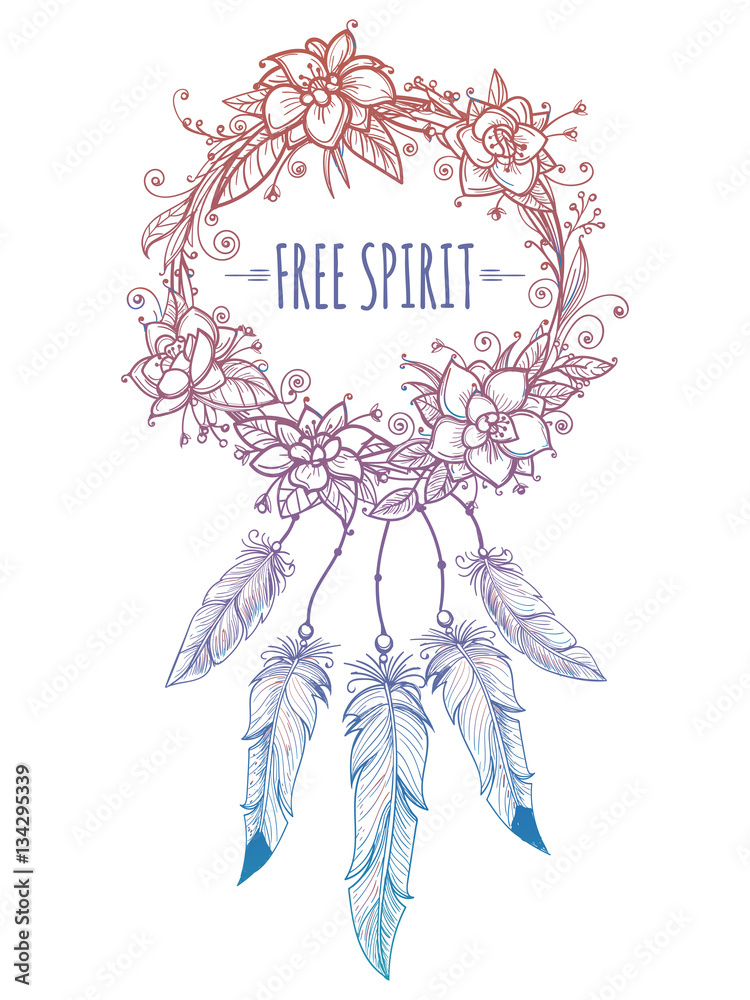 Colorful boho style wreath with feathers. Vector modern dreamcatcher ...