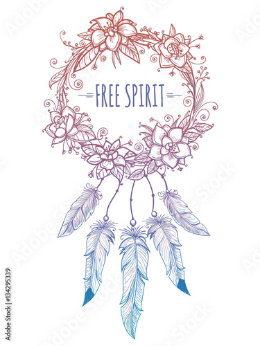 Colorful boho style wreath with feathers. Vector modern dreamcatcher design