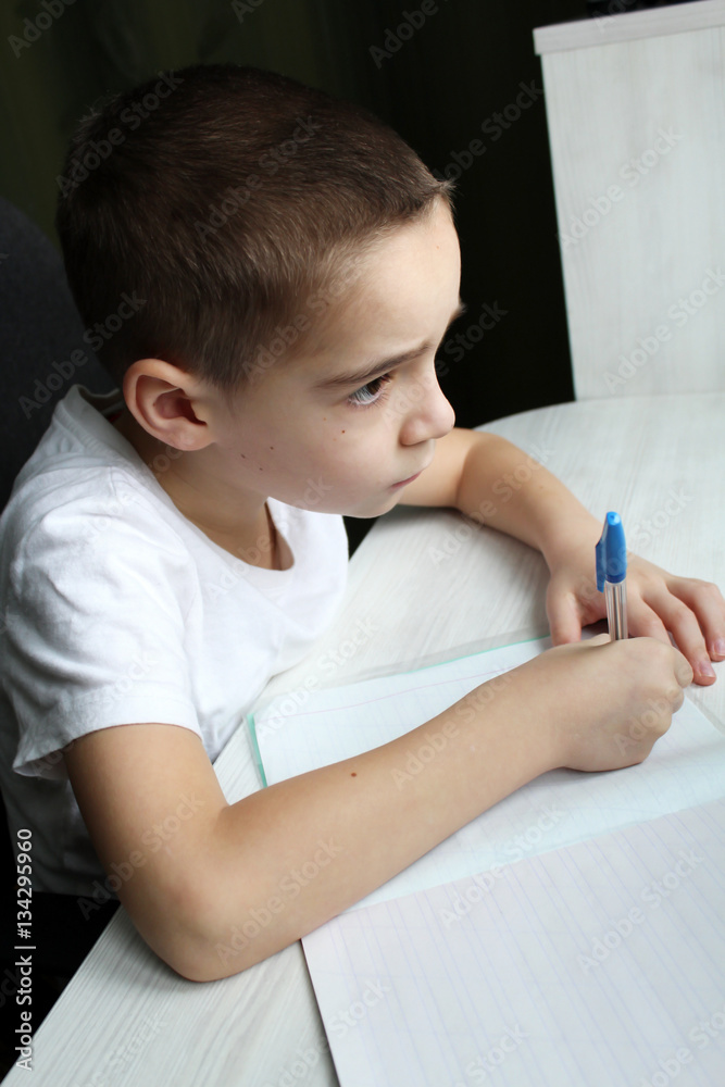 Boy doing homework in a school notebook Boy doing homework in a school notebook