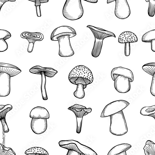 Seamless pattern with mushrooms.