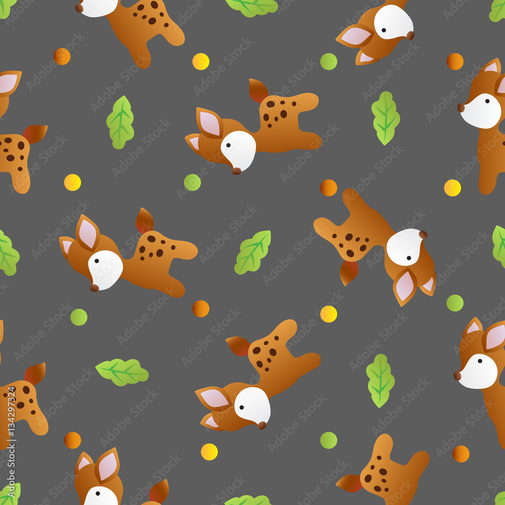 seamless pattern with toy baby deer and green leaves on a dark gray background seamless pattern with toy baby deer and green leaves on a dark gray background
