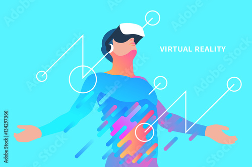 Enthusiastic man in virtual reality. Vector illustration photo