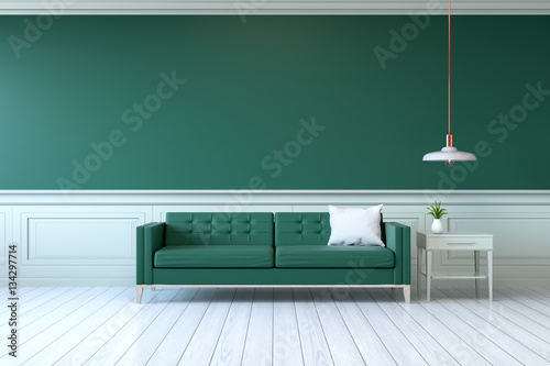 Fototapeta Naklejka Na Ścianę i Meble -  vintage green room ,Minimalist  interior , green sofa with  table  and lamp on green wall and white wood flooring , 3d render