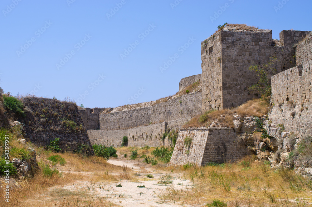 Enormous ancient walls of Rhodes town, Greece