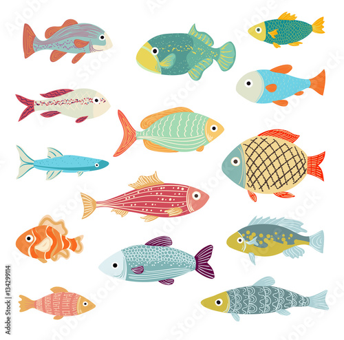 Vector Set of of Ocean and Sea Cartoon Fishes on white.