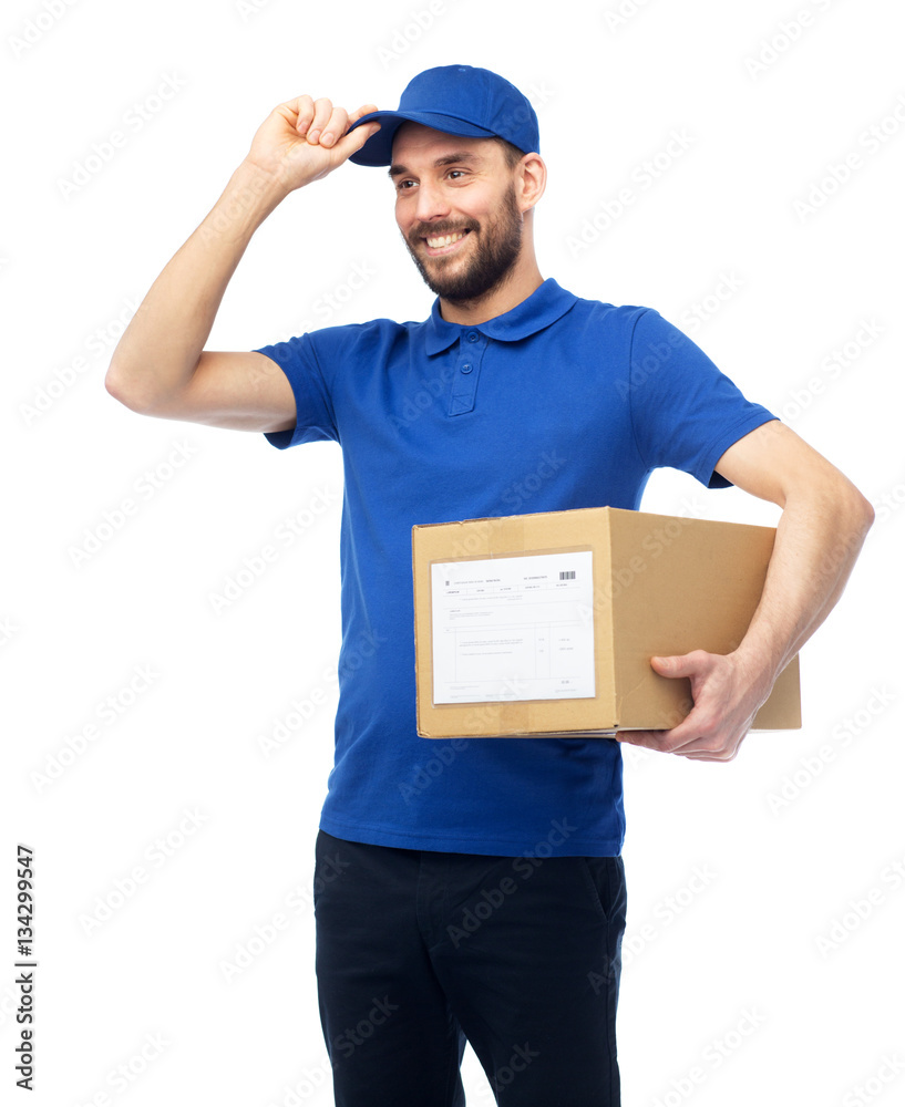happy delivery man with parcel box happy delivery man with parcel box