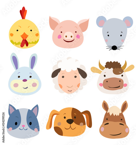 Vector Set of Cute Farm Animals and Pets Faces Isolated on White