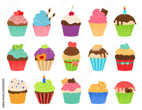 Cupcakes flat icons. Delicious birthday cupcake and wedding muffin vector collection isolated on white background