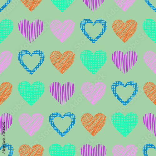 Seamless vector pattern with hearts. endless symmetrical background with hand drawn textured figures. Graphic illustration Green Template for wrapping, web backgrounds, wallpaper