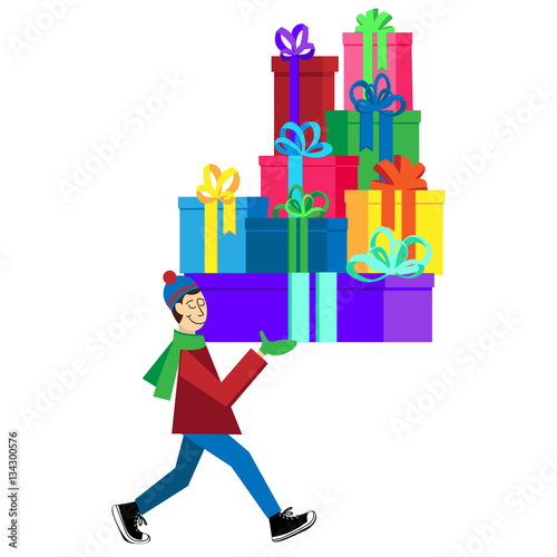 Flat vector Greeting Card illustration isolated with guy buying presents