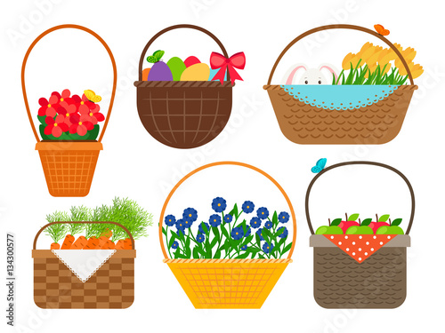 Easter baskets with beauty flowers and cute bunny  eggs and apples vector isolated on white background