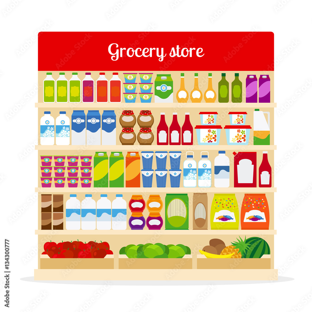 Grocery store vector illustration. Shop shelves with bottles and fruits, with milk, ketchup and pasta icons Grocery store vector illustration. Shop shelves with bottles and fruits, with milk, ketchup and pasta icons