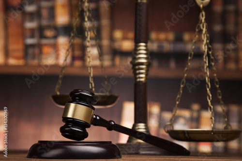 Law and justice concept, Brown wooden background