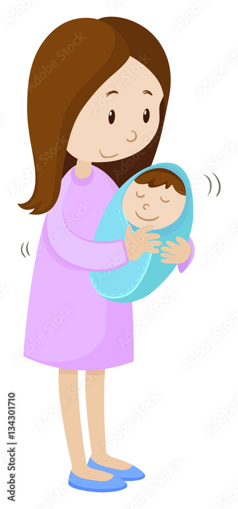 Mother holding newborn baby wrapped in blue