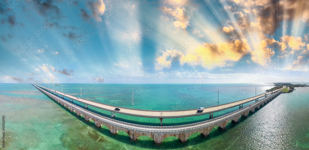 Florida Keys Bridge, beautiful sunset aerial view Florida Keys Bridge, beautiful sunset aerial view