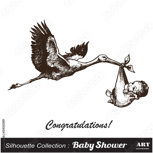 Vector illustration of stork with baby.Hand drawn.Baby shower card