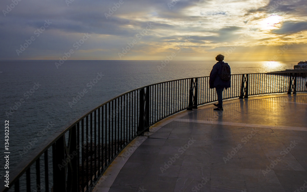 Sunrise over the Balcon de Europa in Nerja, Spain