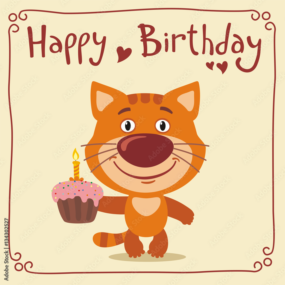 Naklejka premium Happy birthday! Funny kitten cat with birthday cake. Greeting card with kitten cat in cartoon style.