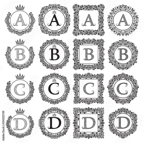 Vintage monograms set of A, B, C, D letter. Heraldic coats of arms in wreaths, round and square frames. Black symbols on white.