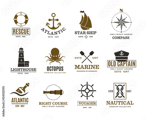 Vintage nautical, marine sailing, sea vessel vector labels, badges, logo