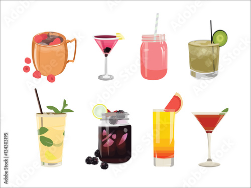 Cocktail drinks flat illustration set, for menu 