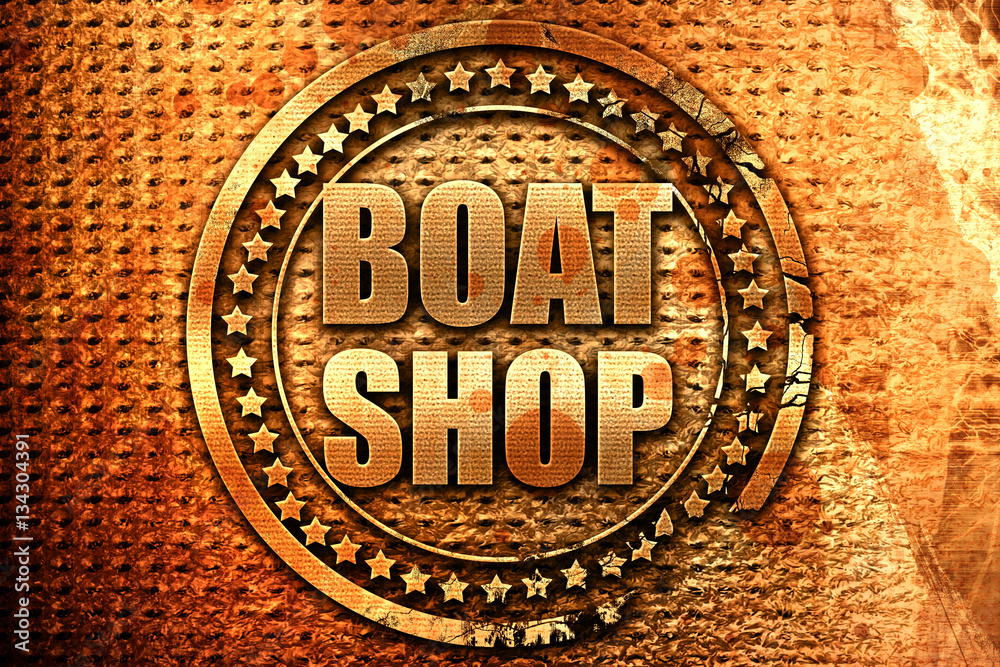 boat shop, 3D rendering, grunge metal stamp