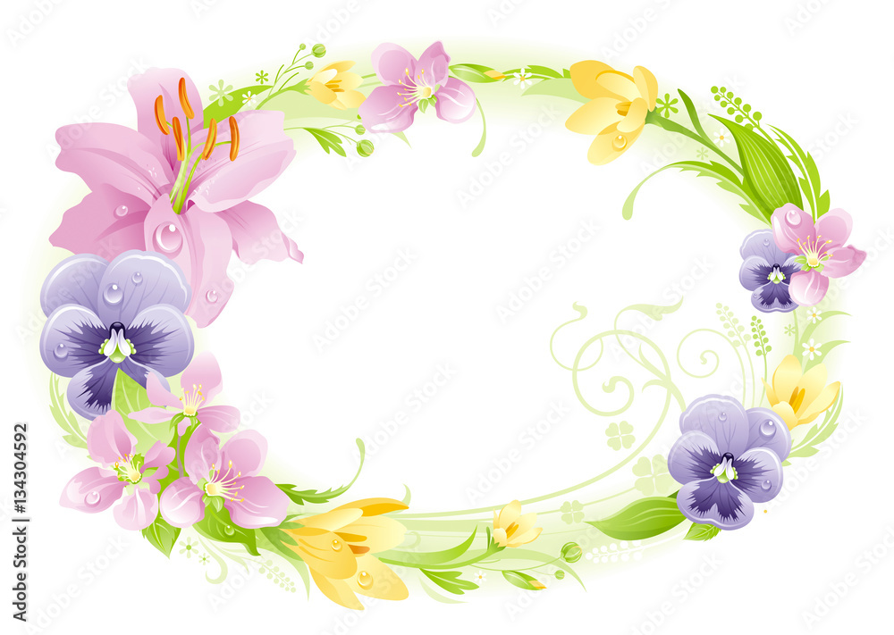 Spring white background. Easter, Mothers day, Birthday, Wedding. Flower frame lily, pansy, crocus, leaf. Isolated floral wreath. Natural pattern, modern vector illustration. springtime greeting card