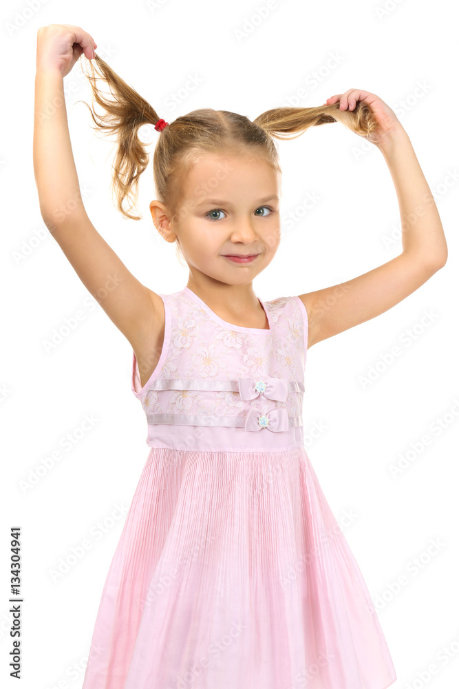 Cute little girl in beautiful dress isolated on white Cute little girl in beautiful dress isolated on white