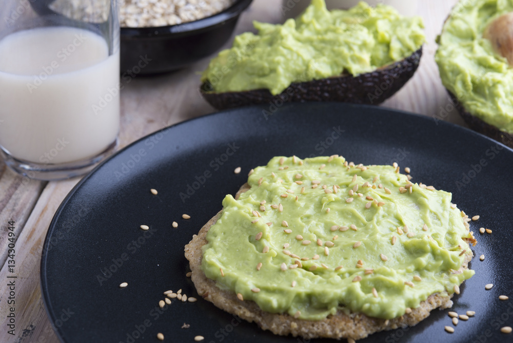 Pancake oats and guacamole with milk of oats Pancake oats and guacamole with milk of oats