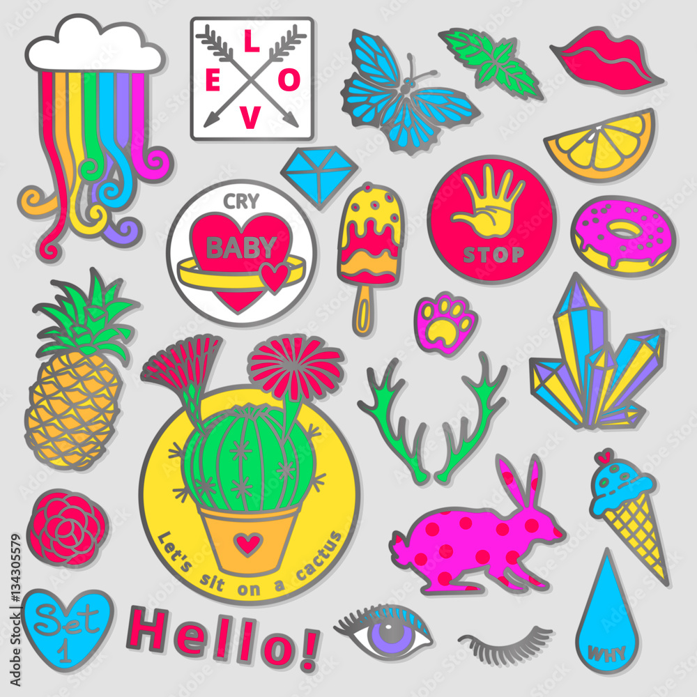Fashion badge elements in cartoon 80s-90s comic style. Set modern trend doodle pop art sketch. Fashion badge elements in cartoon 80s-90s comic style. Set modern trend doodle pop art sketch.
