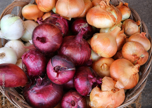 red and yellow onions for sale at the market