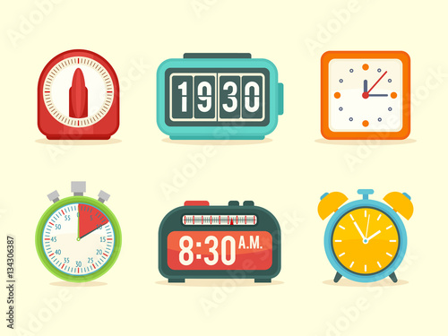 Flat clock icons set with digital and analog displays