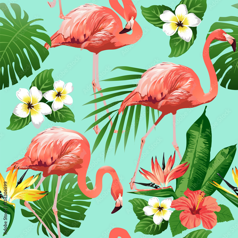 Flamingo Bird and Tropical Flowers Background - Seamless pattern vector ...
