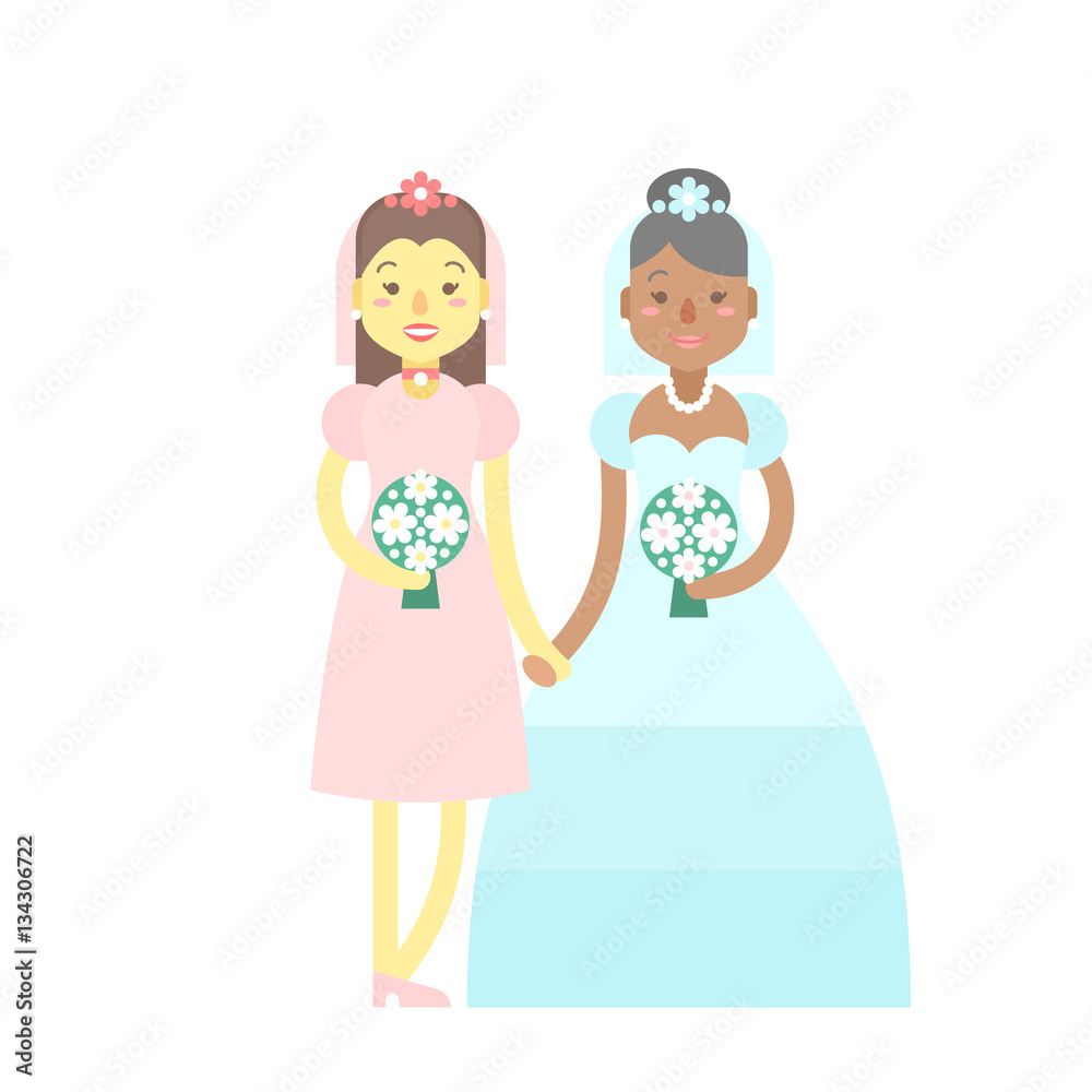 Wedding couple, cute flat characters, brides, happy  girls